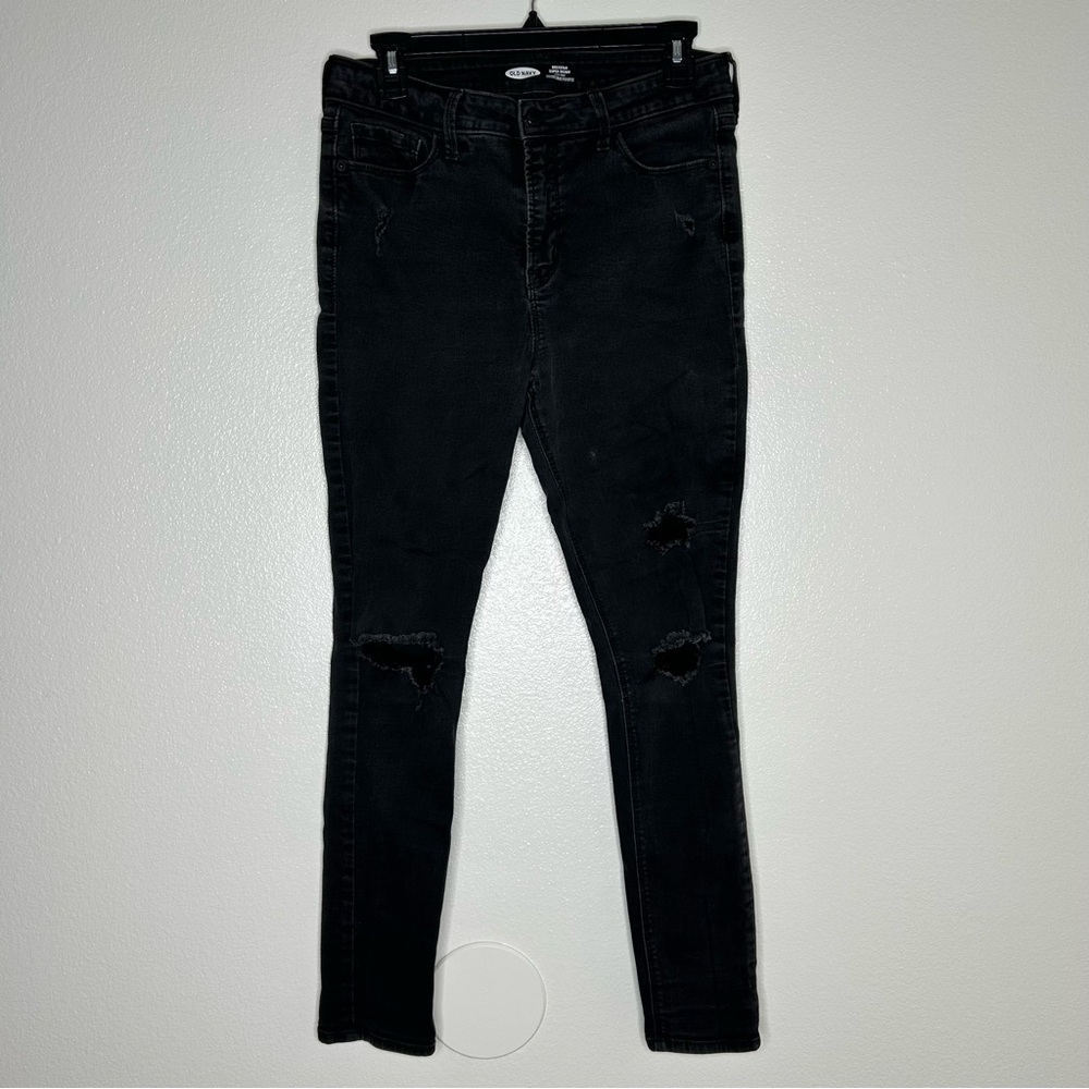 Old Navy Womens Black Rockstar Super Skinny Distressed High Rise Jeans Sz 10/ 12